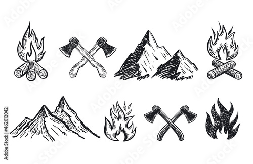 Landscape mountains, Two crossed axe, Bonfire,  Hand drawn illustration.	