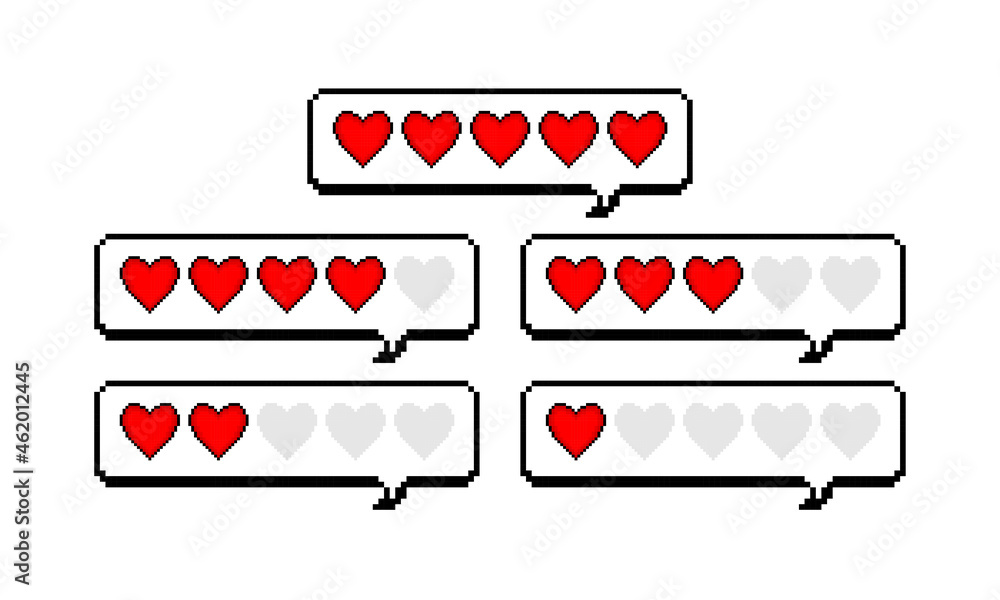 Obraz premium Heart red rating of pixel design. Feedback love for sites, travel packages, hotels, online stores, reviews. Vector illustration.