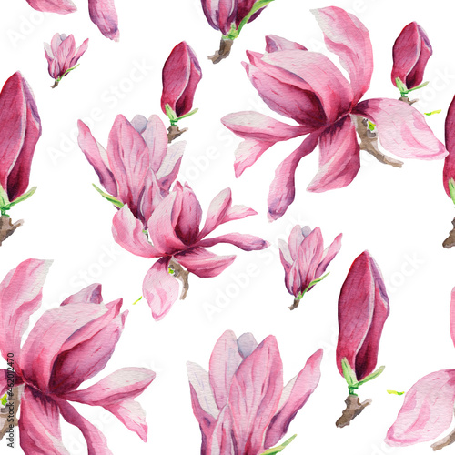 Magnolia Tupil Tree Watercolor Seamless Patten. Floral print. Flowers illustration.Desingn for children, weddind, textile, fabric , floers shops and etc. Spring mood. Colorfull pattern. Beauty Blossom