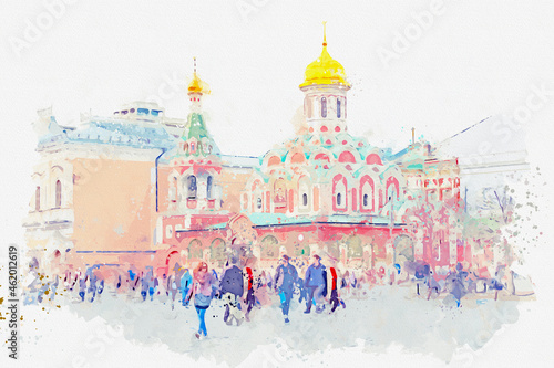 Photography Watercolor drawing picture of Kazan Cathedral, Red Square, Moscow