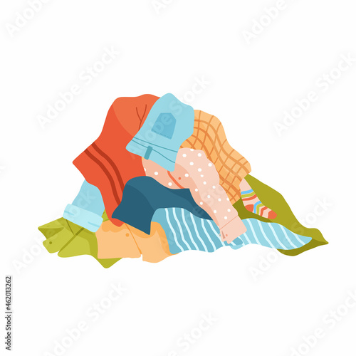 Illustration Featuring a Messy Pile of Dirty Laundry isolated on white. Large pile of pants, shirts and towels in flat cartoon style.