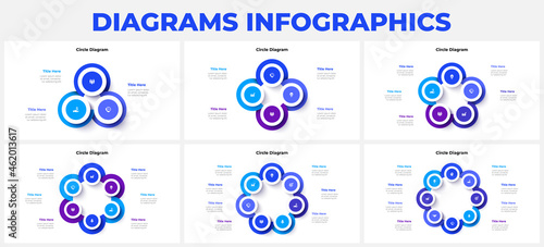 Abstract diagrams set with 3, 4, 5, 6, 7 and 8 options. Concept of business project management. Vector illustration for data analysis visualization.