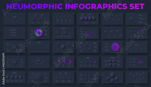 Set of neumorphism elements for business presentation and infographic. Unique neumorphic ui ux design kit. Infographic elements and charts photo