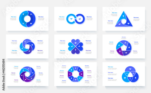 Nine slides with cycle infographics elements for business presentation. Vector info graphic design templates. Concept with 2, 3, 4, 5, 6, 7 and 8 options, parts or steps