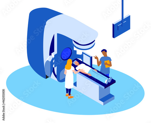 Doctors are preparing a patient to the procedure of a radiotherapy treatment on a LINAC (medical linear accelerator). Vector colorful isometric illustration.  photo