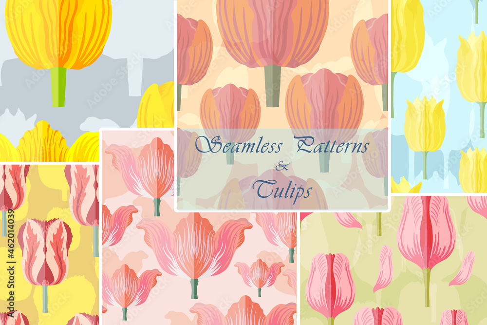 Fototapeta premium Seamless patterns with the many colorful tulips