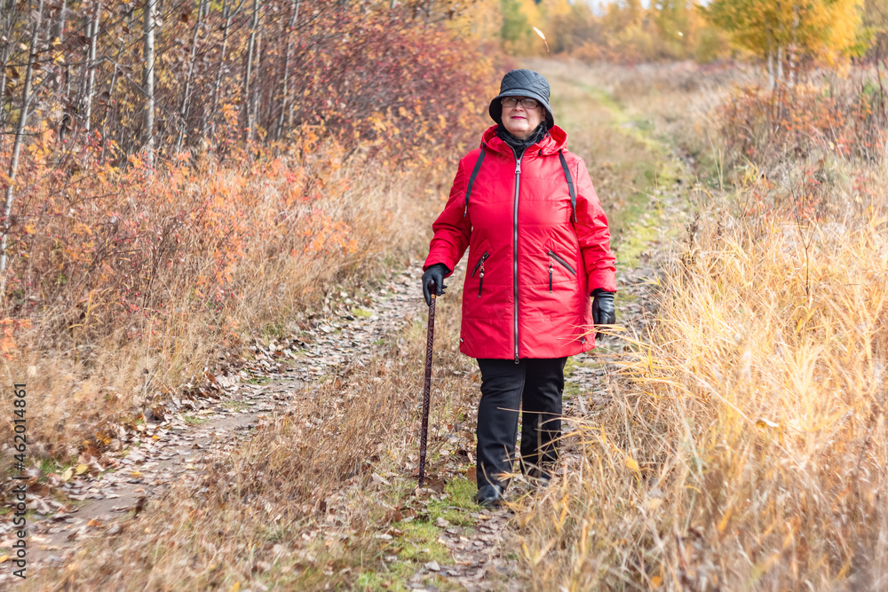 An elderly woman walks in the autumn nature.