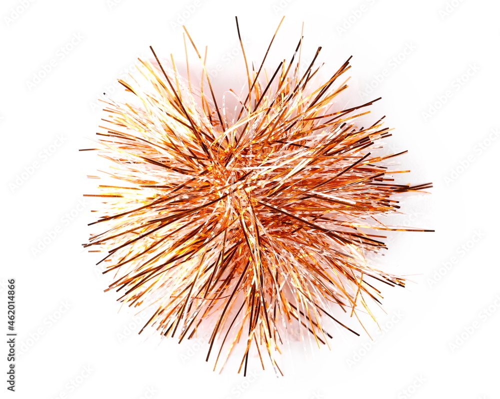 Obraz premium Golden, yellow tinsel, Christmas ornament, decoration, isolated on white background, top view