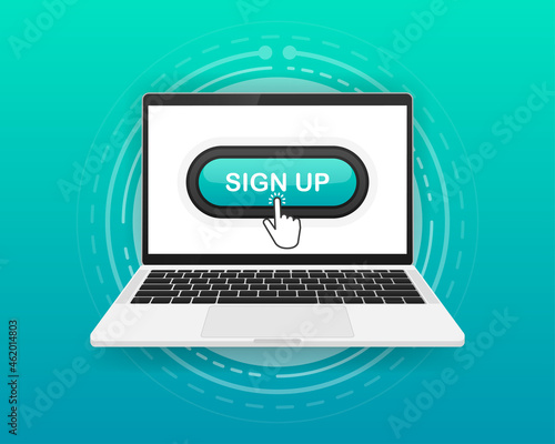 Sign UP, button and hand cursor on the screen computer. Green button sign up in internet, platform. Vector illustration.