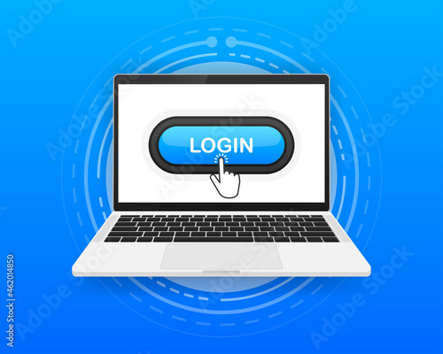Login, button and hand cursor on the screen computer. Blue button login in internet, platform. Vector illustration.
