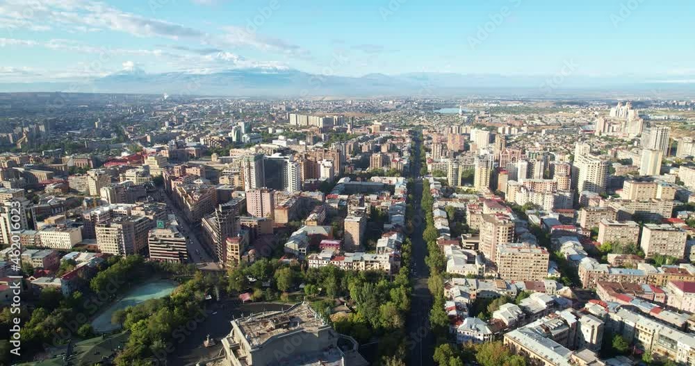 Flight over the capital of Armenia, the city of Yerevan. Aerial view of Yerevan. Flight over the capital of Armenia, the city of Yerevan. Aerial view of Yerevan.