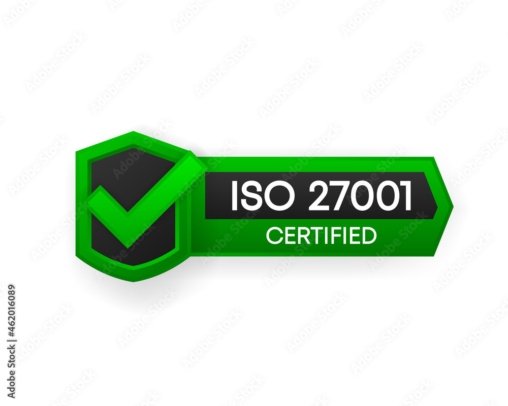 ISO 27001 Certified green vector banner. Flat certification label isolated on white background. Food safety concept. Vector illustration. ISO 27001 Certified green vector banner. Flat certification label isolated on white background. Food safety concept. Vector illustration.