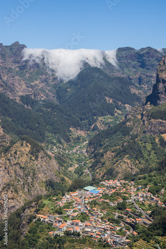 Small town in Madeira Island named "Curral das Freiras" seen from the Mountains