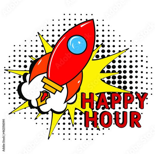 Comic book explosion with text Happy Hour, vector illustration. Happy Hour in comic pop art style. Comic advertising concept with Happy Hour wording. Modern Web Banner Element