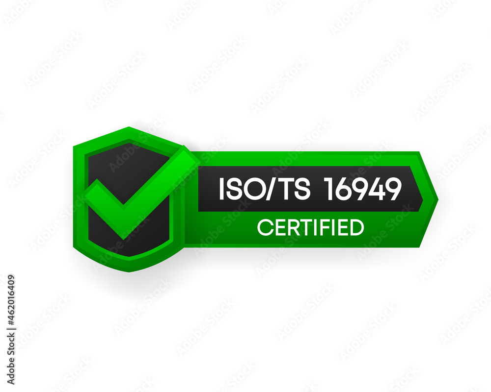 ISO TS 16949 Certified green vector banner. Flat certification label isolated on white background. Food safety concept. Vector illustration. ISO TS 16949 Certified green vector banner. Flat certification label isolated on white background. Food safety concept. Vector illustration.