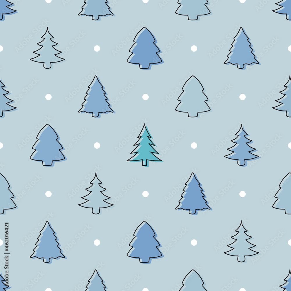 Seamless doodle christmas tree pattern in pastel blue