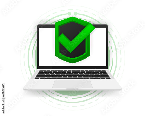 Quality Assurance and certification. Compliance to international standards and regulations on computer. Certified Shield Security Badge Approved Icon. Vector illustration.