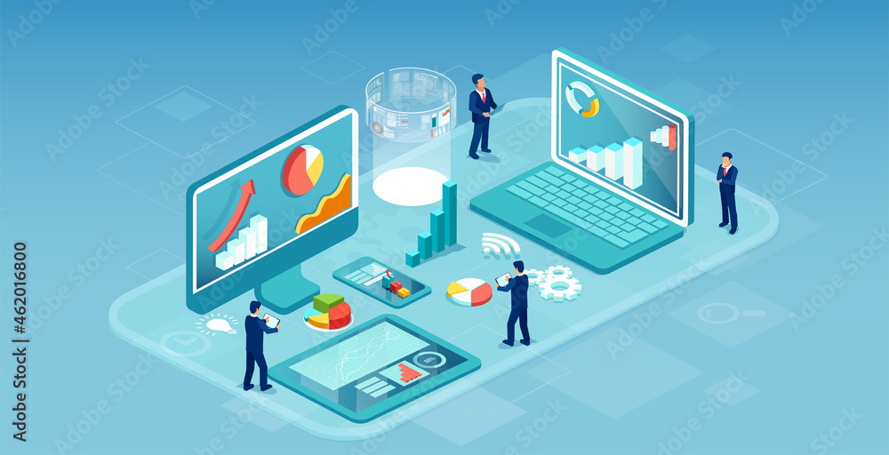 Vector of a business people team developing financial mobile apps for internet banking Vector of a business people team developing financial mobile apps for internet banking