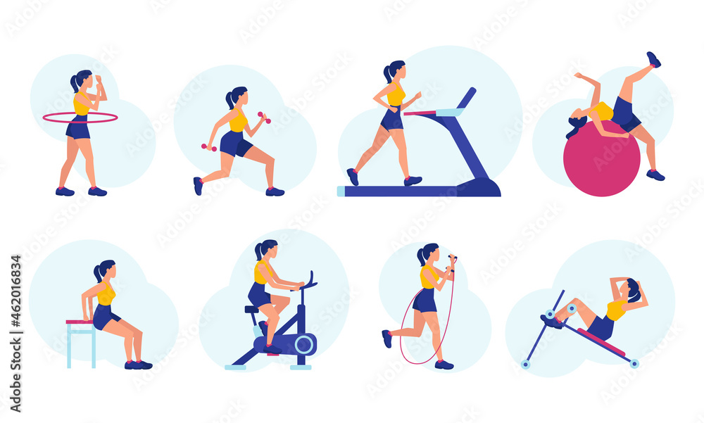 Vector of a woman exercising at a sport gym.