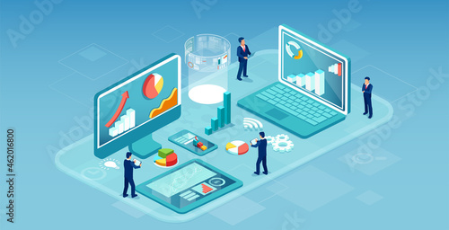 Vector of a business people team developing financial mobile apps for internet banking