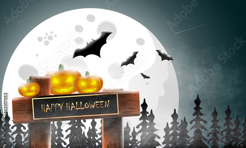 Happy Halloween banner for your design, ominous pumpkins on the background of the night forest and the moon in the fog with bats, vector illustration