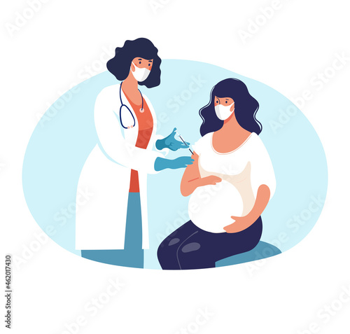 A pregnant woman is vaccinated at a doctor s office, an appointment at a clinic, pregnancy health. Cartoon flat vector illustration isolated on white background.