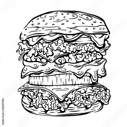 Hamburger hand-drawn vector illustration. Ink graphic line art. Outline sketch for markets, shops. Clip art Poster for print. Coloring page. Isolated on white background
