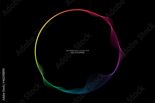 Vector abstract circles lines wavy in round frame colorful light rainbow isolated on black background with empty space for text photo