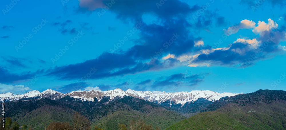 beautiful landscape with snow covered of Caucasus mountain peaks