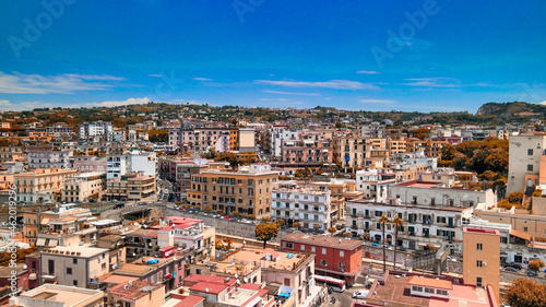 Aerial view of Pozzuoli port from a drone in summer season, Italy