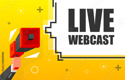 Live Webcast banner template. Marketing flyer with megaphone. Isometric and pixel style. Template for retail promotion and announcement. Vector illustration.