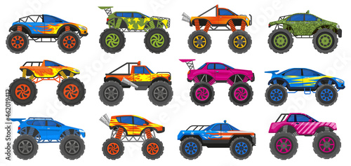 Monster heavy trucks, extreme race large wheels cars. Extreme show heavy cars, big wheels vehicles vector illustration set. Monster trucks transport