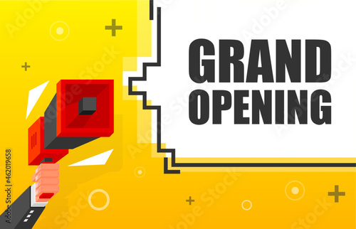 Grand Opening banner template. Marketing flyer with megaphone. Isometric and pixel style. Template for retail promotion and announcement. Vector illustration.