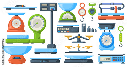 Store electronic and mechanical scales for weight measuring. Market or kitchen measuring libra instrument vector illustration set. Weigher scales symbols
