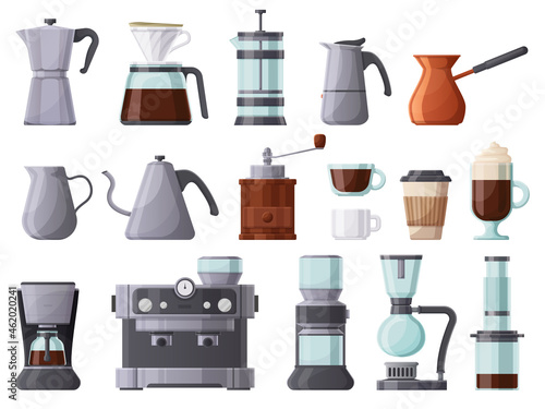 Coffee machines, french press, cezve, pot, aeropress and espresso machine. Coffee brewing tools, cups and coffee pots vector illustration set. Hot drink coffee elements