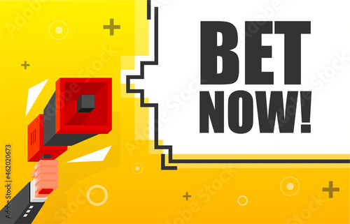 Bet Now banner template. Marketing flyer with megaphone. Isometric and pixel style. Template for retail promotion and announcement. Vector illustration.