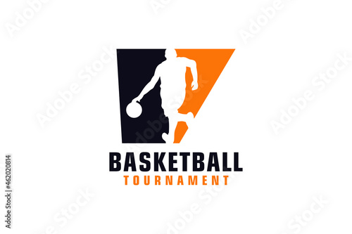 Letter V with Basketball Logo Design. Vector Design Template Elements for Sport Team or Corporate Identity.