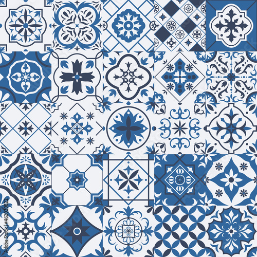 Traditional mexican and portuguese porcelain ceramic tile patterns. Azulejo, talavera mediterranean patchwork tile vector illustration set. Ceramic ethnic folk ornament