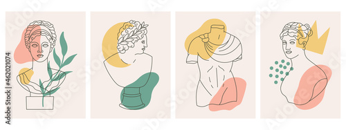 Ancient greek gods sculptures, statues abstract posters. Antique goddesses statue and sculpture contemporary posters vector illustration set. Abstract antique sculpture cards