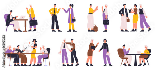 Office workers communicating, negotiating and concluding business deal. Business talk, formal negotiating vector illustration set. Professional business communication