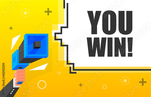 You Win banner template. Marketing flyer with megaphone. Isometric and pixel style. Template for retail promotion and announcement. Vector illustration.