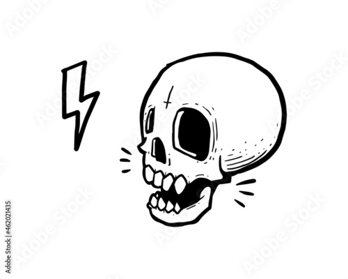 a skull illustration in an outline style on a white background. a simple hand drawn of a doodle vector for graphic resources.