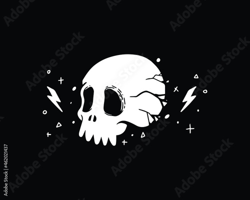 scattered skull in white color on a black background. there is a small lighting logo on each side. a doodle vector for graphic resources.
