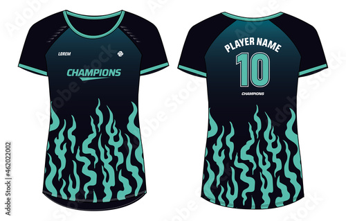 Women Sports Jersey t-shirt design concept Illustration, Abstract fire pattern round Neck t shirt for girls and Ladies Volleyball jersey, Football, badminton, Soccer, netball. Sport uniform kit