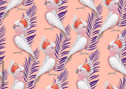 Seamless Pattern with hand-drawn Cockatoos and palm leaves  digitally colored