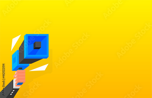 Marketing flyer where the hand is holding a megaphone. Isometric and pixel style. Template for retail promotion and announcement. Vector illustration.