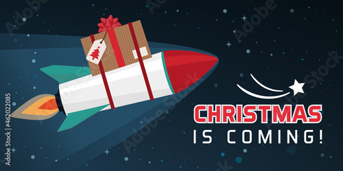 Rocket flying in the sky and bringing a Christmas gift