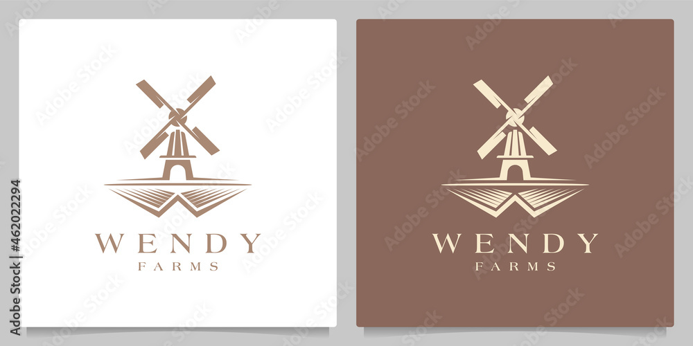 windmill farming Landscape natural garden village retro vintage logo design
