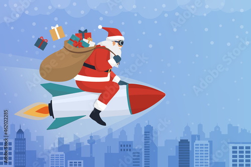 Santa Claus riding a rocket and carrying Christmas gifts