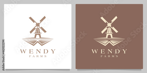 windmill farming Landscape natural garden village retro vintage logo design